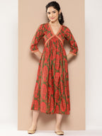 Ahalyaa Floral Print Crepe A-Line Midi Dress | Grocsy