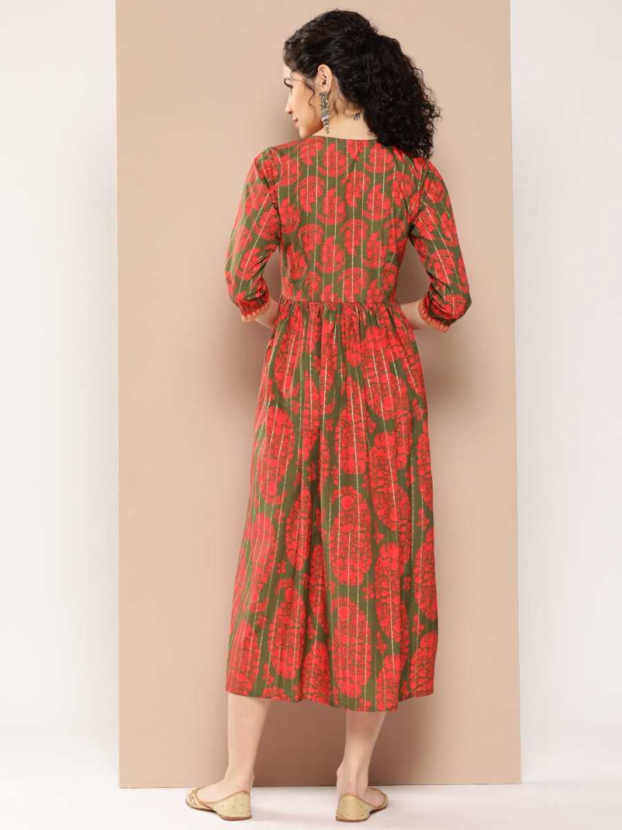 Ahalyaa Floral Print Crepe A-Line Midi Dress | Grocsy