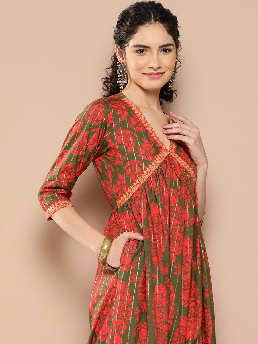 Ahalyaa Floral Print Crepe A-Line Midi Dress | Grocsy