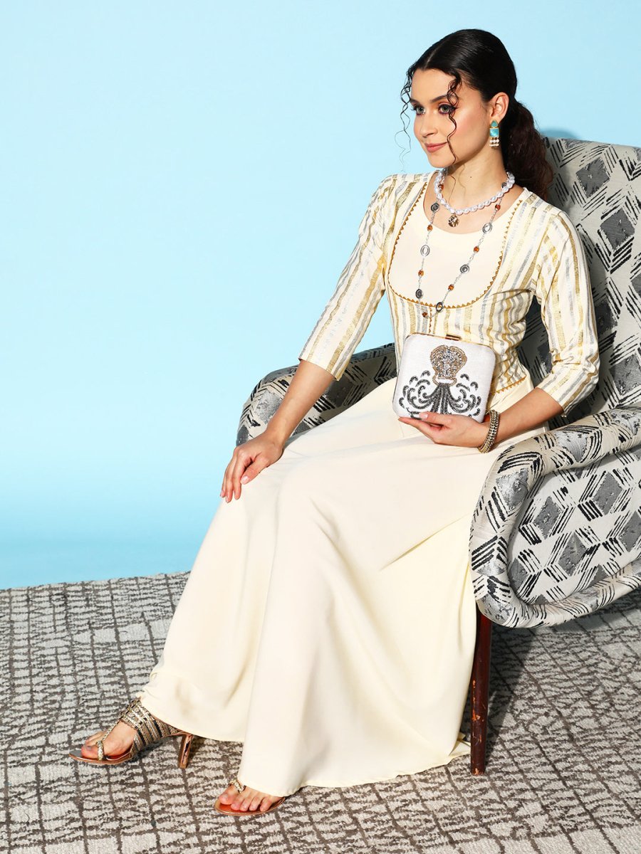 Ahalyaa Women Striped Crepe Maxi Ethnic Dress With Gotta Patti Detail | Grocsy