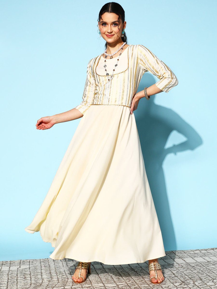 Ahalyaa Women Striped Crepe Maxi Ethnic Dress With Gotta Patti Detail | Grocsy