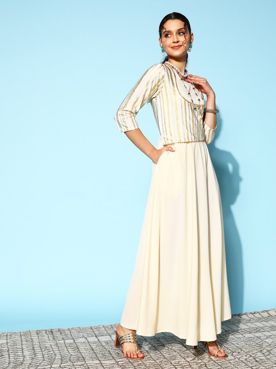 Ahalyaa Women Striped Crepe Maxi Ethnic Dress With Gotta Patti Detail | Grocsy