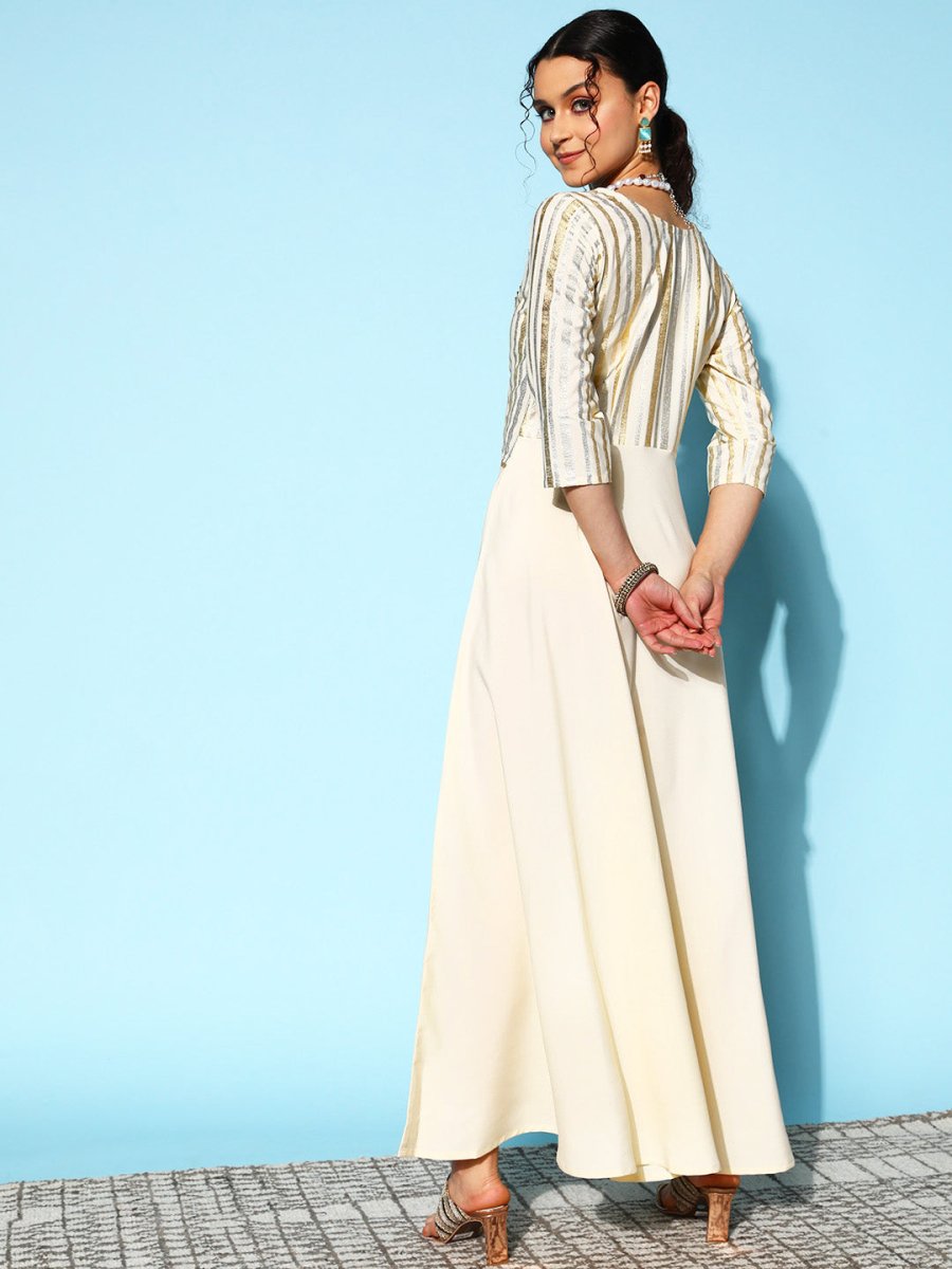 Ahalyaa Women Striped Crepe Maxi Ethnic Dress With Gotta Patti Detail | Grocsy