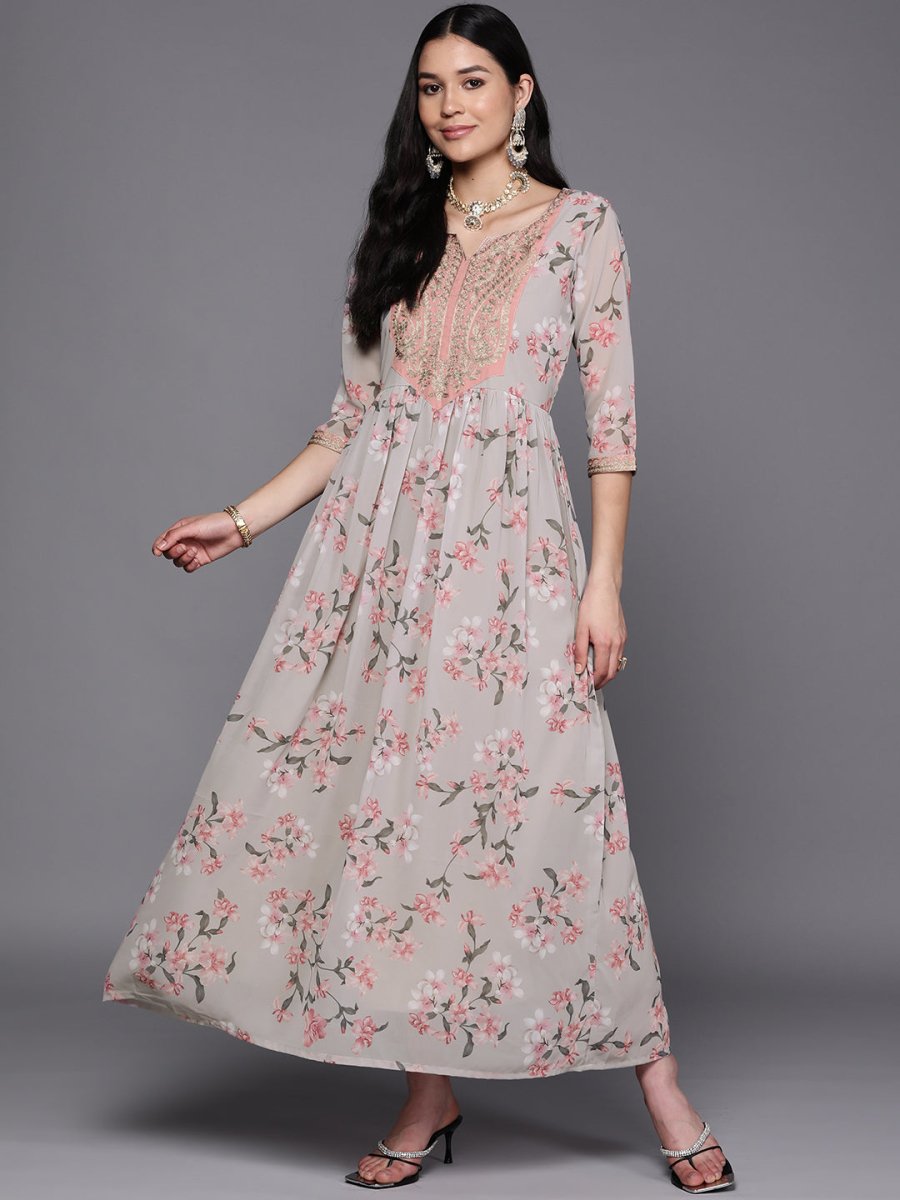 Ahalyaa Women Embroidered Floral Printed Ethnic Dress | Grocsy