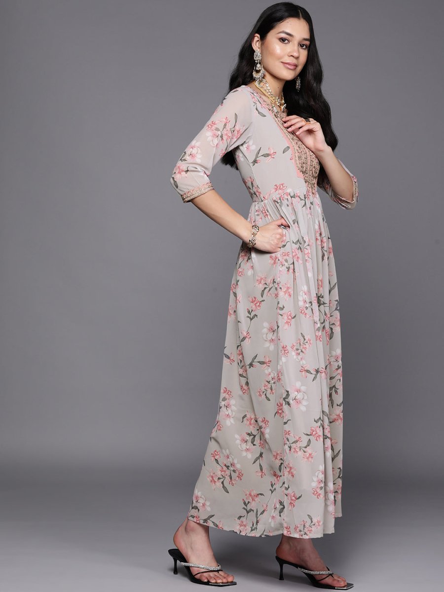 Ahalyaa Women Embroidered Floral Printed Ethnic Dress | Grocsy