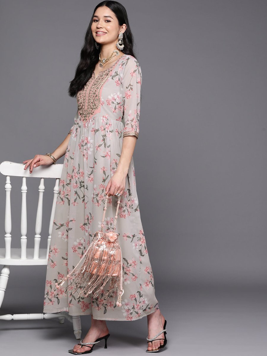 Ahalyaa Women Embroidered Floral Printed Ethnic Dress | Grocsy