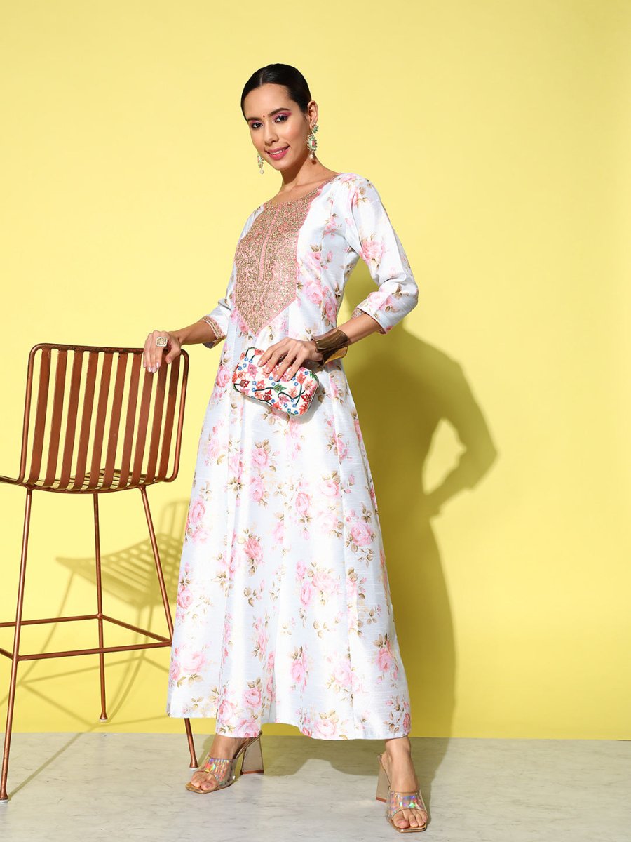 Ahalyaa Embroidered Floral Printed Ethnic A-Line Maxi Dress | Grocsy