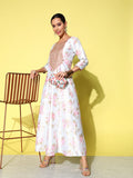 Ahalyaa Embroidered Floral Printed Ethnic A-Line Maxi Dress | Grocsy