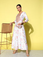 Ahalyaa Embroidered Floral Printed Ethnic A-Line Maxi Dress | Grocsy
