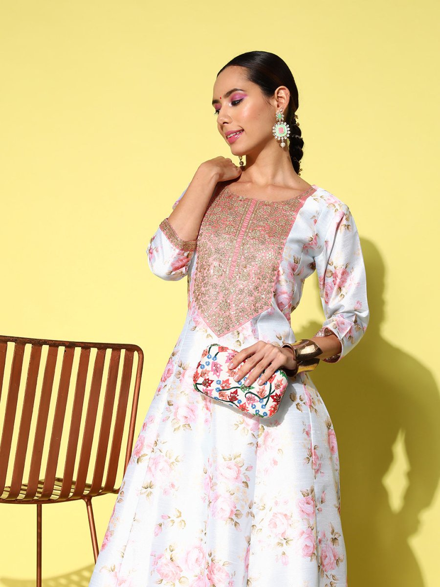 Ahalyaa Embroidered Floral Printed Ethnic A-Line Maxi Dress | Grocsy