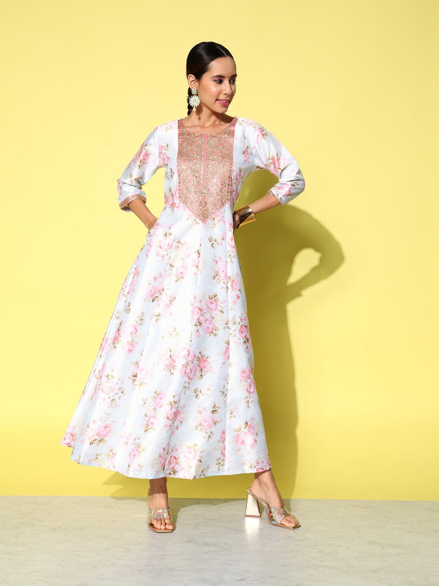 Ahalyaa Embroidered Floral Printed Ethnic A-Line Maxi Dress | Grocsy