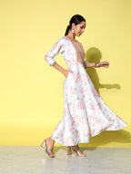 Ahalyaa Embroidered Floral Printed Ethnic A-Line Maxi Dress | Grocsy