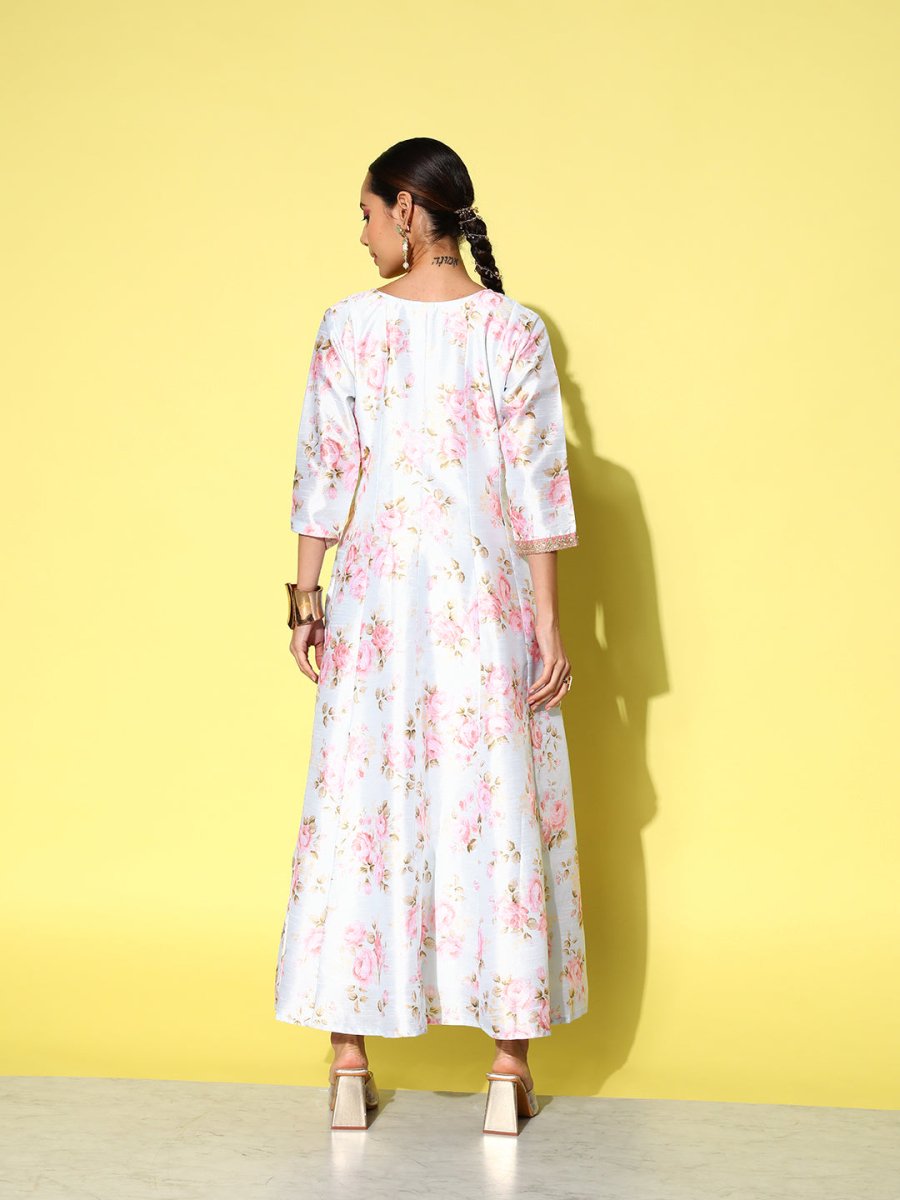 Ahalyaa Embroidered Floral Printed Ethnic A-Line Maxi Dress | Grocsy