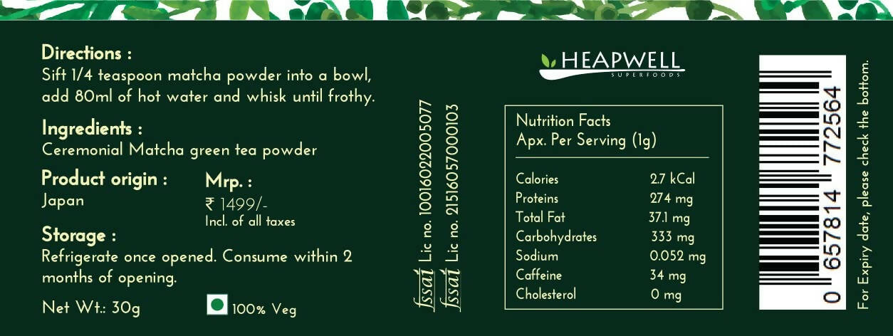 Heapwell Superfoods Japanese Ceremonial Matcha Green Tea | Grocsy