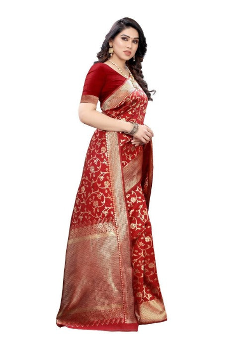 Vamika Banarasi Jacquard Weaving Red Saree (PARINITI RED) | Grocsy