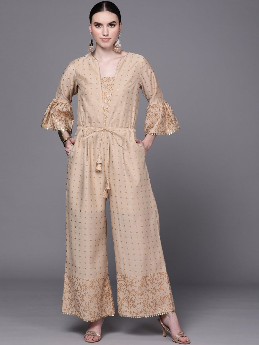 Ahalyaa Beige & Golden Printed Basic Jumpsuit | Grocsy