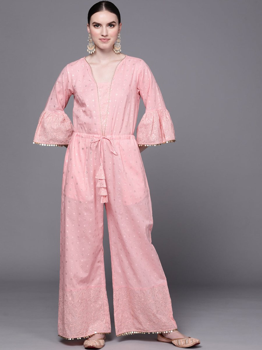 Ahalyaa Women Pink Printed Basic Jumpsuit | Grocsy