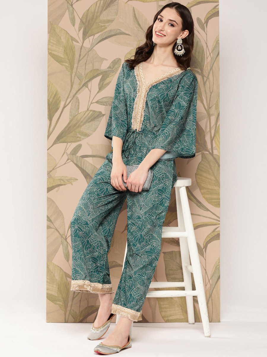Ahalyaa Printed Basic Jumpsuit with Lace Inserts | Grocsy