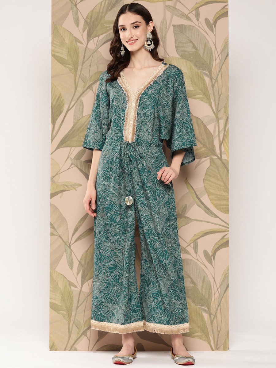 Ahalyaa Printed Basic Jumpsuit with Lace Inserts | Grocsy