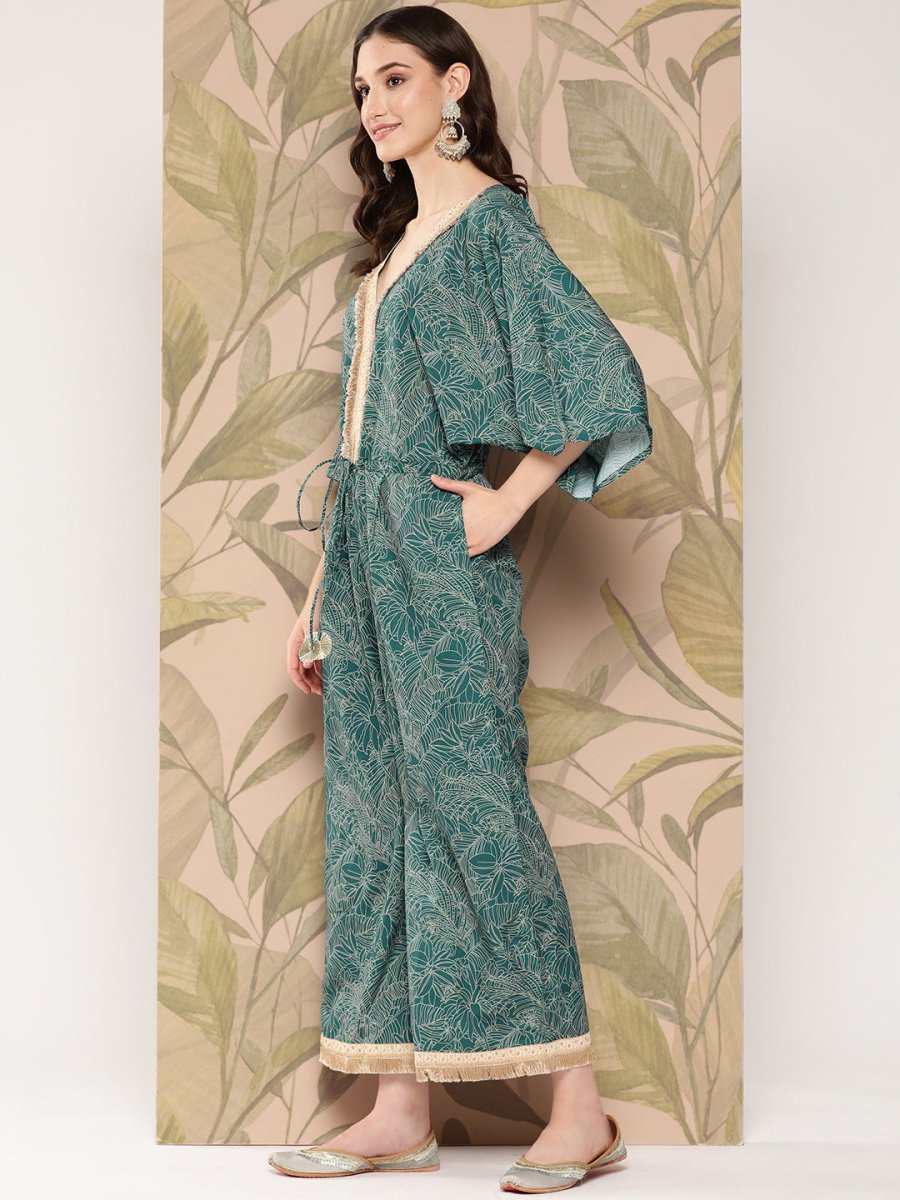 Ahalyaa Printed Basic Jumpsuit with Lace Inserts | Grocsy