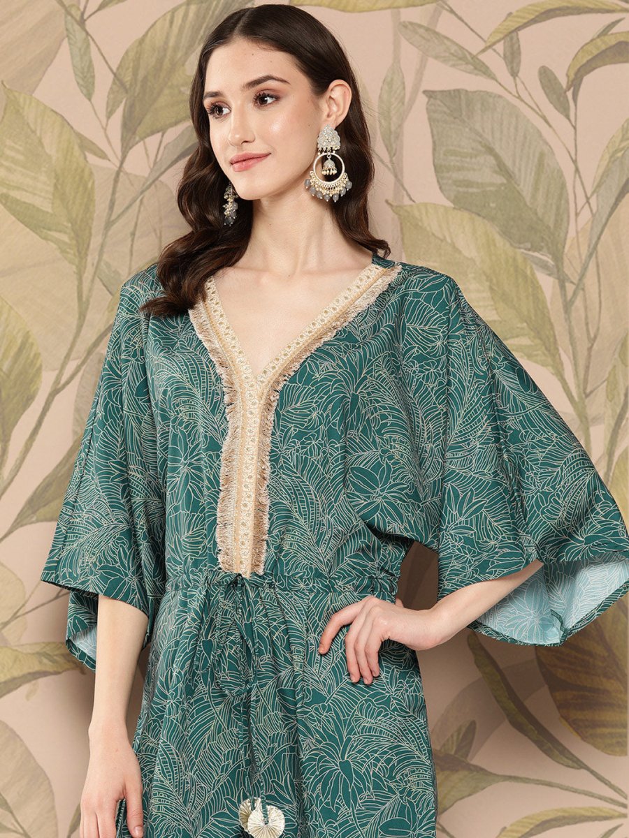 Ahalyaa Printed Basic Jumpsuit with Lace Inserts | Grocsy
