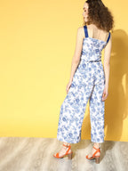 Ahalyaa Women Stunning Blue Printed Cinched Waist Jumpsuit | Grocsy
