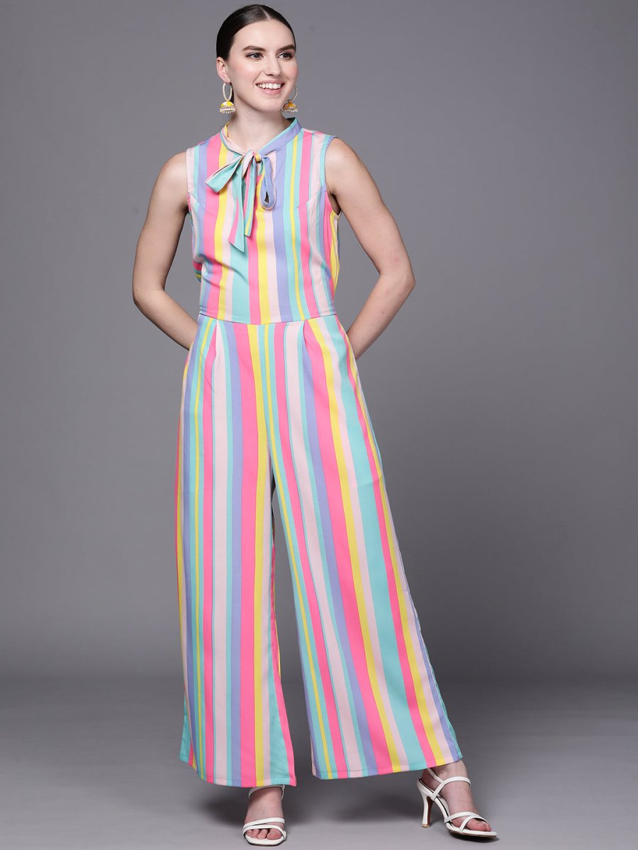Ahalyaa Multicoloured Striped Basic Jumpsuit | Grocsy