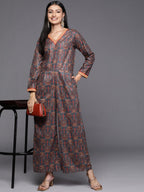 Ahalyaa Grey & Brown Velvet Printed Basic Jumpsuit with Pocket | Grocsy