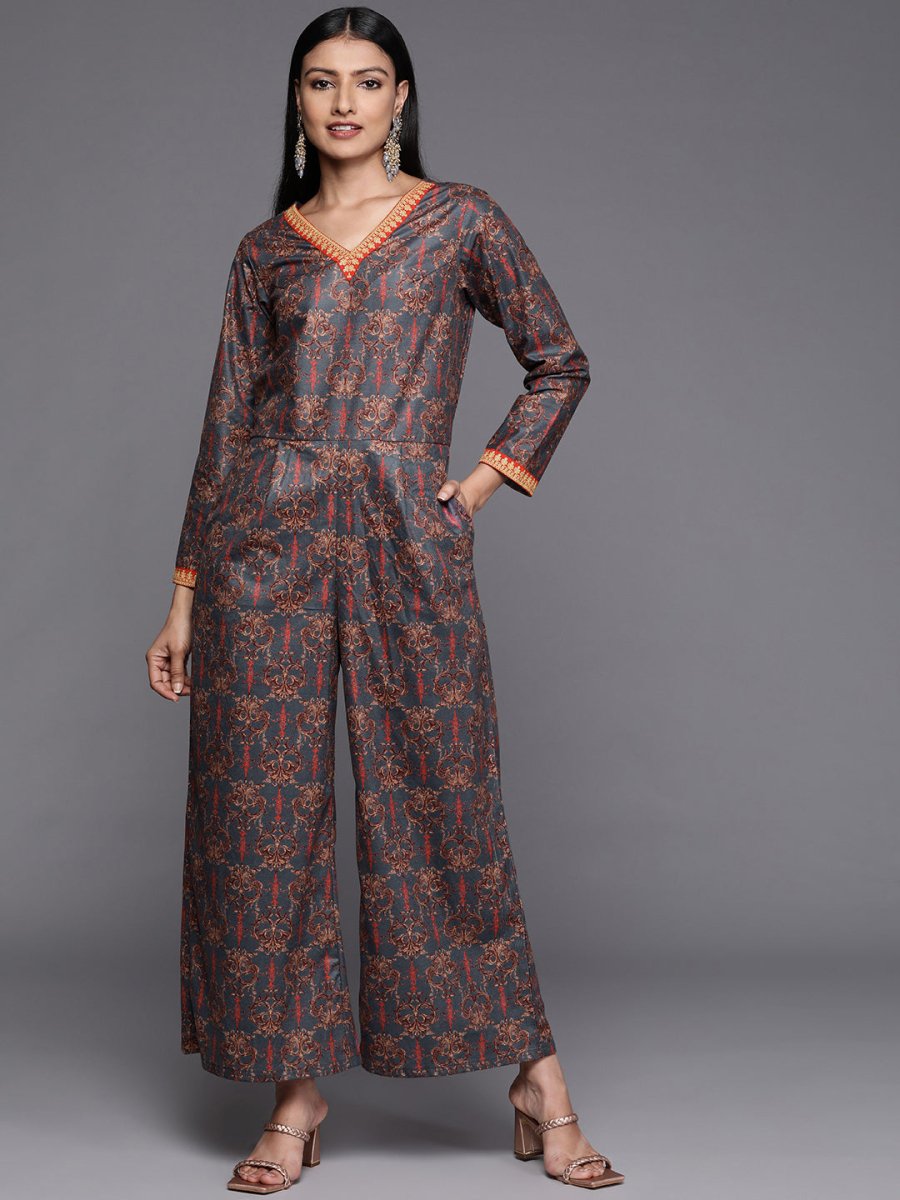 Ahalyaa Grey & Brown Velvet Printed Basic Jumpsuit with Pocket | Grocsy