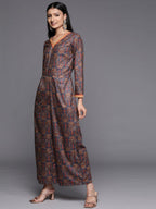 Ahalyaa Grey & Brown Velvet Printed Basic Jumpsuit with Pocket | Grocsy