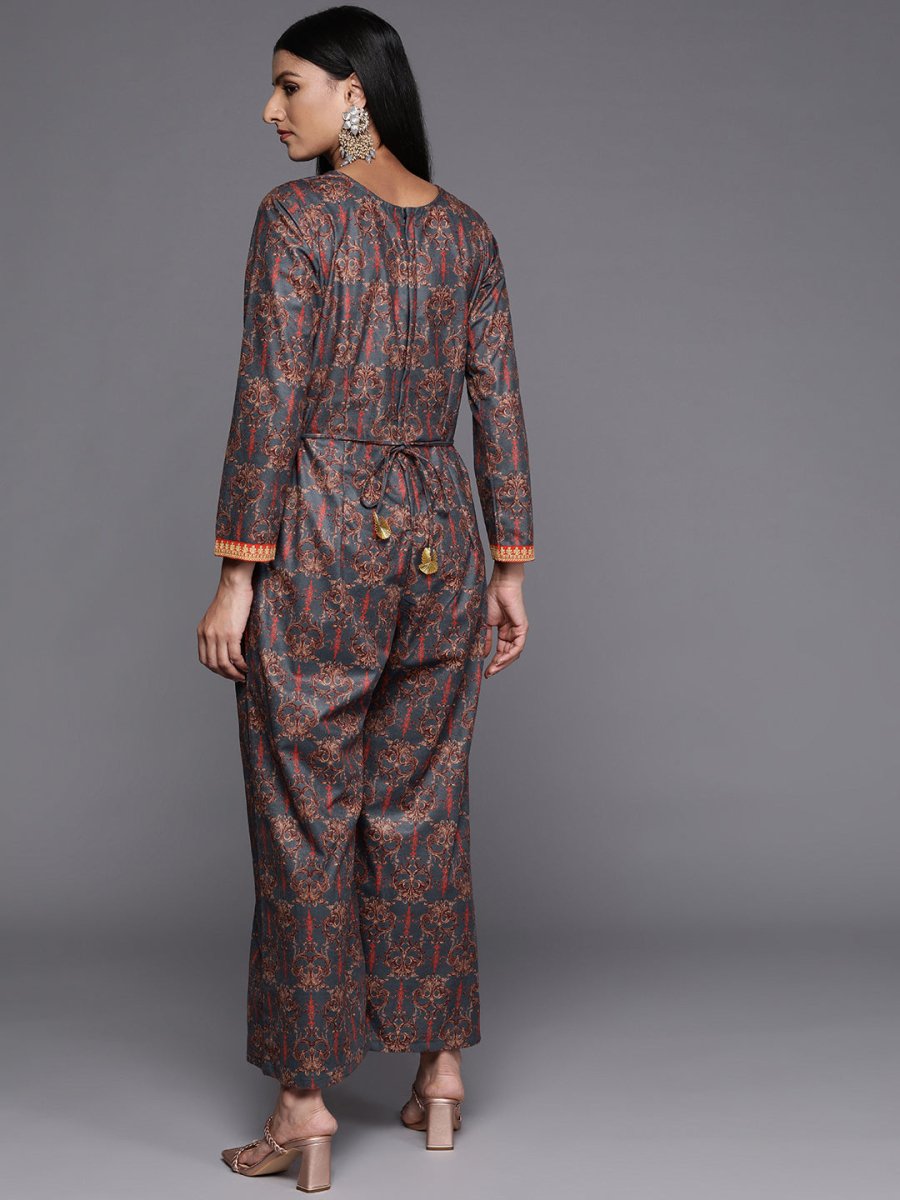 Ahalyaa Grey & Brown Velvet Printed Basic Jumpsuit with Pocket | Grocsy