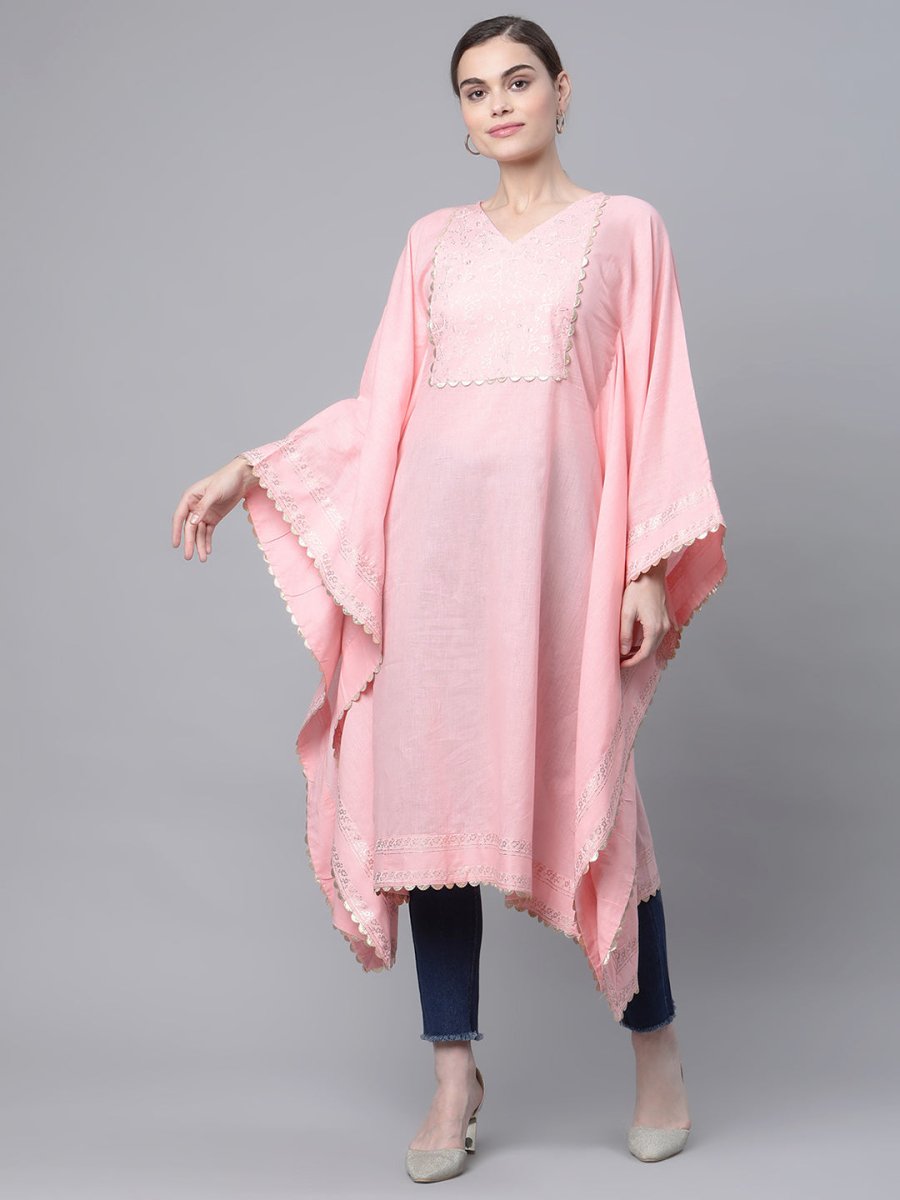 Ahalyaa Women Light Pink Pure Cotton Printed Flared Sleeve Kaftan Kurta | Grocsy