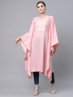 Ahalyaa Women Light Pink Pure Cotton Printed Flared Sleeve Kaftan Kurta | Grocsy