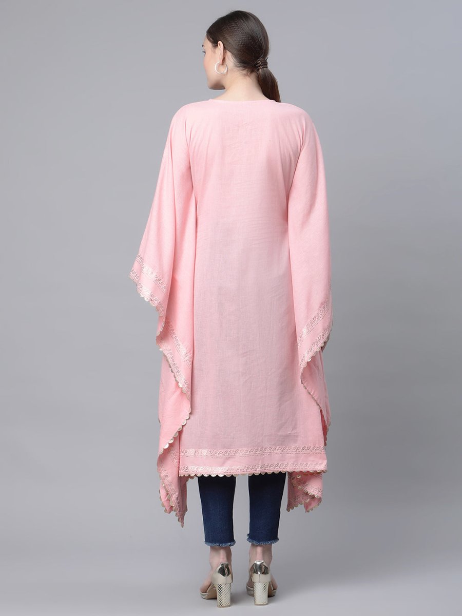 Ahalyaa Women Light Pink Pure Cotton Printed Flared Sleeve Kaftan Kurta | Grocsy