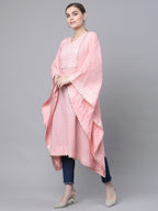 Ahalyaa Women Light Pink Pure Cotton Printed Flared Sleeve Kaftan Kurta | Grocsy