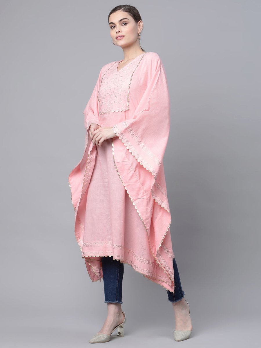 Ahalyaa Women Light Pink Pure Cotton Printed Flared Sleeve Kaftan Kurta | Grocsy
