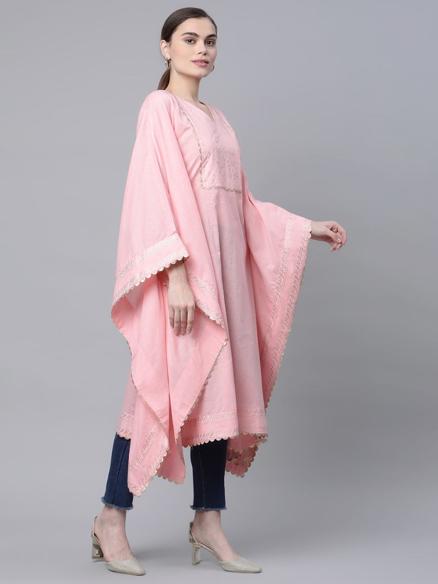 Ahalyaa Women Light Pink Pure Cotton Printed Flared Sleeve Kaftan Kurta | Grocsy