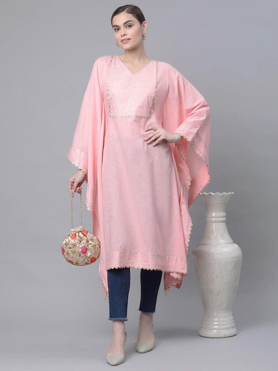 Ahalyaa Women Light Pink Pure Cotton Printed Flared Sleeve Kaftan Kurta | Grocsy