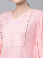 Ahalyaa Women Light Pink Pure Cotton Printed Flared Sleeve Kaftan Kurta | Grocsy