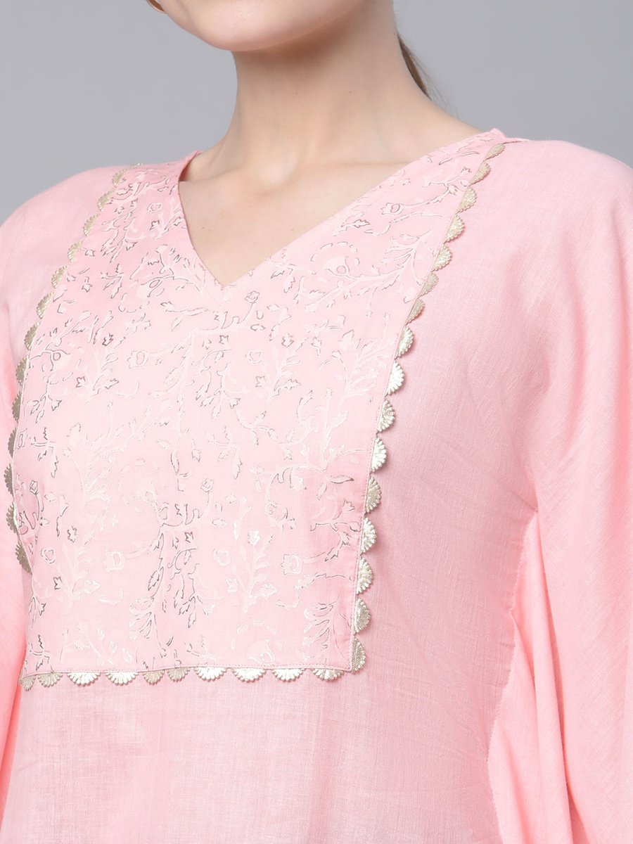 Ahalyaa Women Light Pink Pure Cotton Printed Flared Sleeve Kaftan Kurta | Grocsy