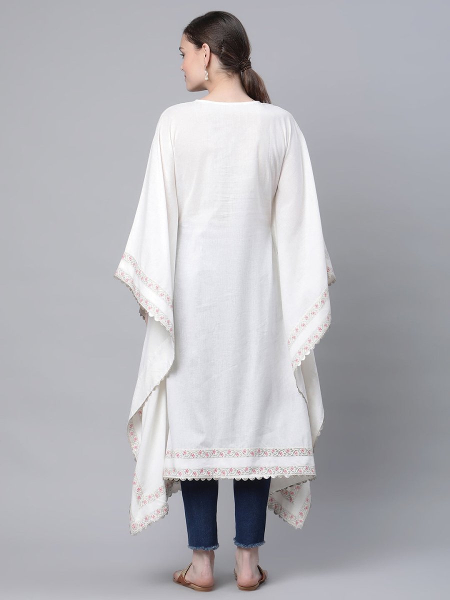 Ahalyaa Women Off white Pure Cotton Printed Flared Sleeve Kaftan Kurta | Grocsy