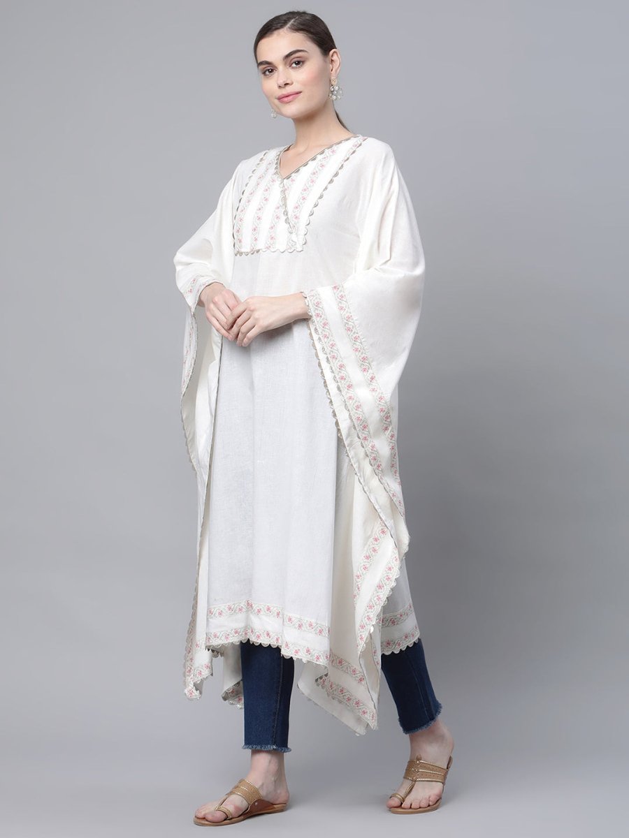Ahalyaa Women Off white Pure Cotton Printed Flared Sleeve Kaftan Kurta | Grocsy