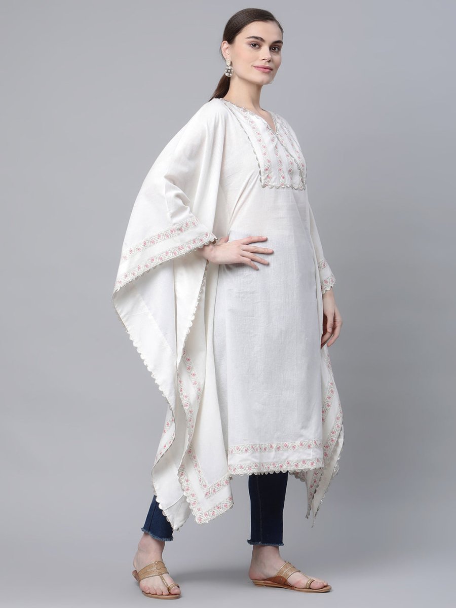 Ahalyaa Women Off white Pure Cotton Printed Flared Sleeve Kaftan Kurta | Grocsy