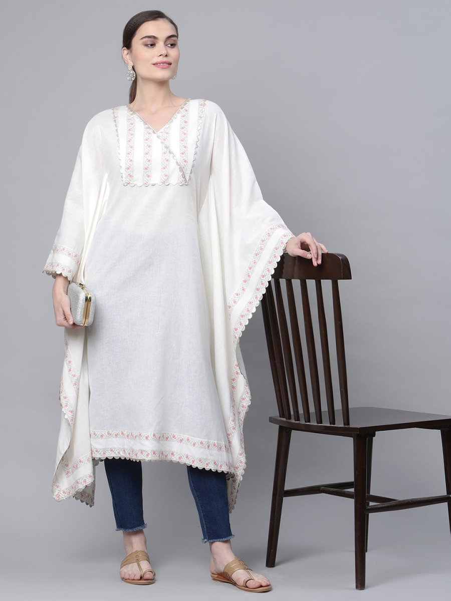 Ahalyaa Women Off white Pure Cotton Printed Flared Sleeve Kaftan Kurta | Grocsy