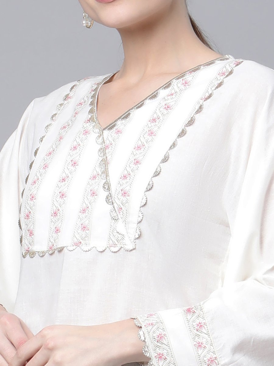 Ahalyaa Women Off white Pure Cotton Printed Flared Sleeve Kaftan Kurta | Grocsy