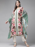 Ahalyaa Women Green & Pink Floral Printed Flared Sleeves Gotta Patti Floral Crepe Kaftan Kurta | Grocsy
