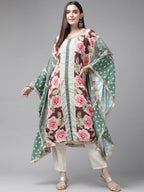 Ahalyaa Women Green & Pink Floral Printed Flared Sleeves Gotta Patti Floral Crepe Kaftan Kurta | Grocsy