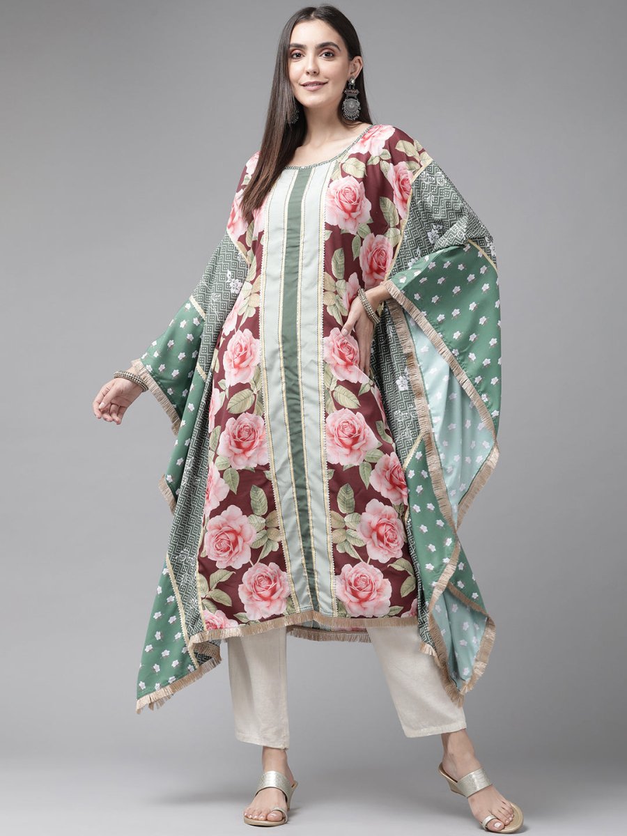 Ahalyaa Women Green & Pink Floral Printed Flared Sleeves Gotta Patti Floral Crepe Kaftan Kurta | Grocsy