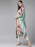 Ahalyaa Women Green & Pink Floral Printed Flared Sleeves Gotta Patti Floral Crepe Kaftan Kurta | Grocsy