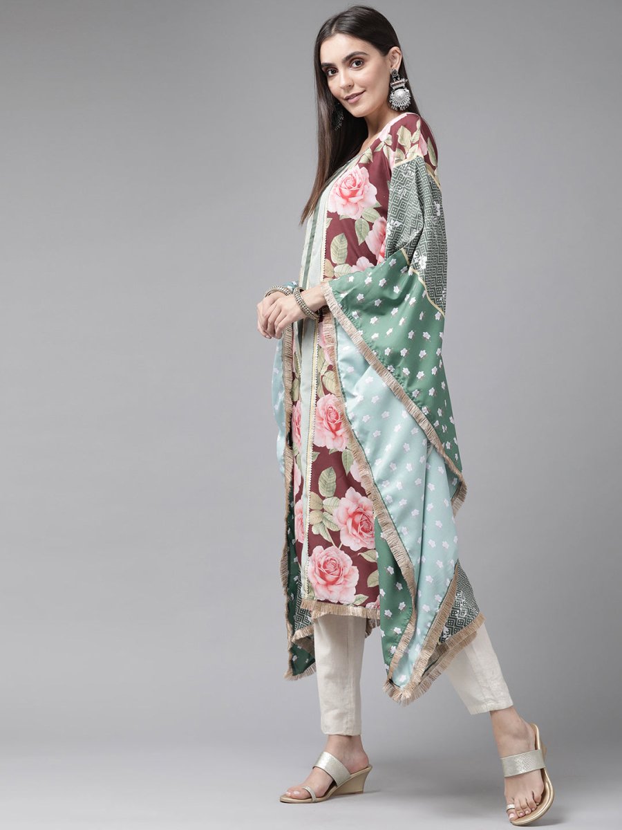 Ahalyaa Women Green & Pink Floral Printed Flared Sleeves Gotta Patti Floral Crepe Kaftan Kurta | Grocsy